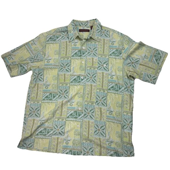 Tori Richard L Green Hawaiian Short Sleeve Silk Shirt Gerometric Palm Trees - Picture 1 of 8